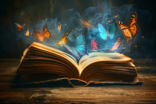 Fantasy book, Butterflies Flying Out Of Open Book background or wallpaper, fairy tale book concept.