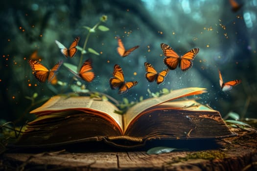 Fantasy book, Butterflies Flying Out Of Open Book background or wallpaper, fairy tale book concept.