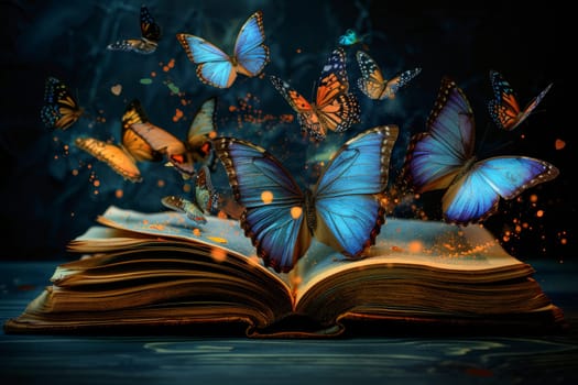 Fantasy book, Butterflies Flying Out Of Open Book background or wallpaper, fairy tale book concept.