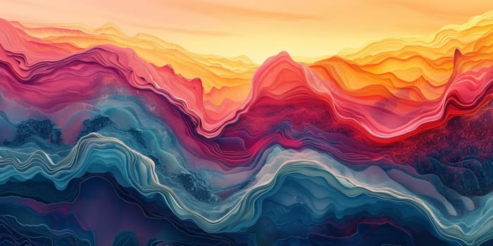 A painting of a colorful abstract landscape with waves and mountains