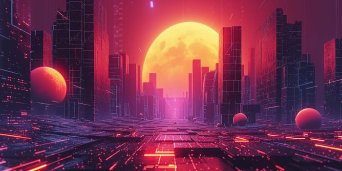 A futuristic city with a large moon in the background