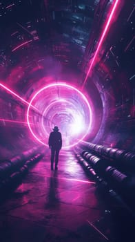 A man walking down a dark tunnel with bright lights