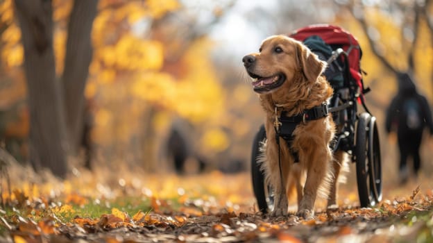 A dog in a wheel chair with leaves on the ground