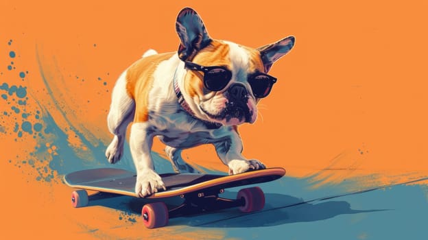 A painting of a dog riding on top of a skateboard