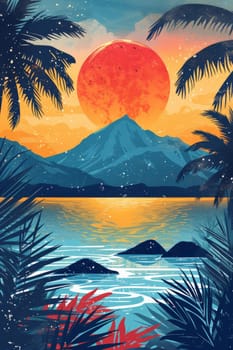 A painting of a sunset over the ocean with mountains in the background