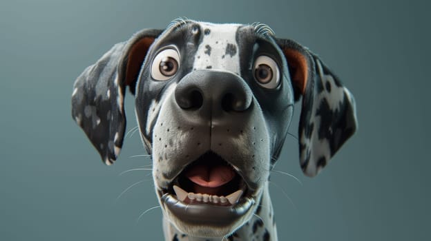 A close up of a dalmatian dog with its mouth open