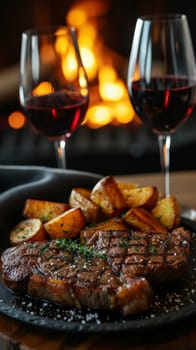 A steak and potatoes are on a plate next to two glasses of wine
