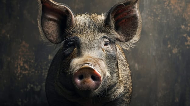 A close up of a pig with long ears and dark background