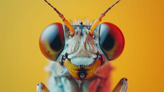 A close up of a bug with big eyes and red antennae
