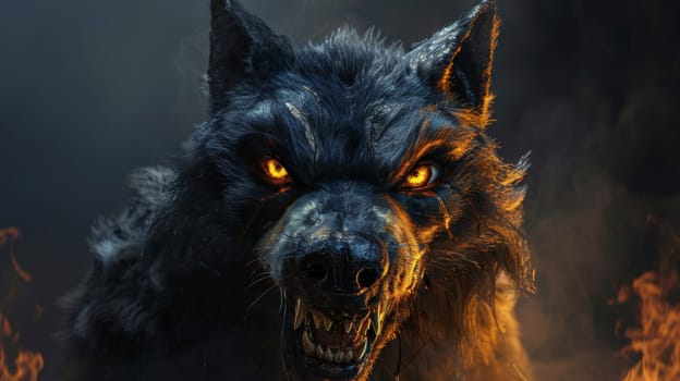 A close up of a wolf with glowing eyes in the dark