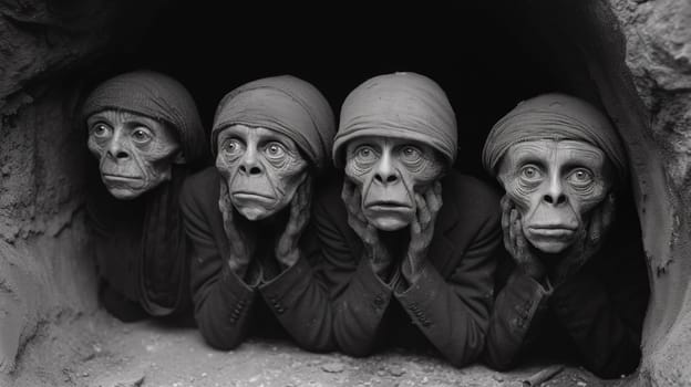 Four men are sitting in a cave with their faces covered