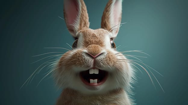 A close up of a rabbit with its mouth open and teeth bared