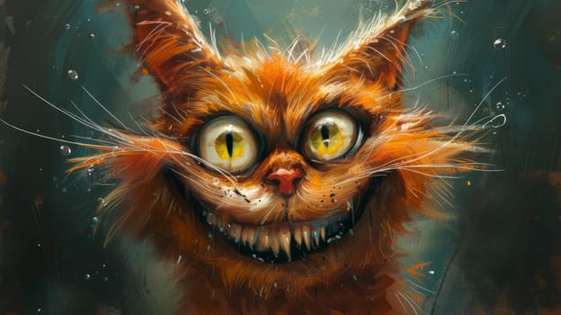 A painting of a cat with big yellow eyes and teeth