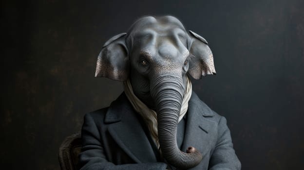 A man in a suit with an elephant head and trunk