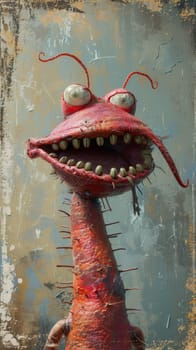 A close up of a red monster with spikes on its face