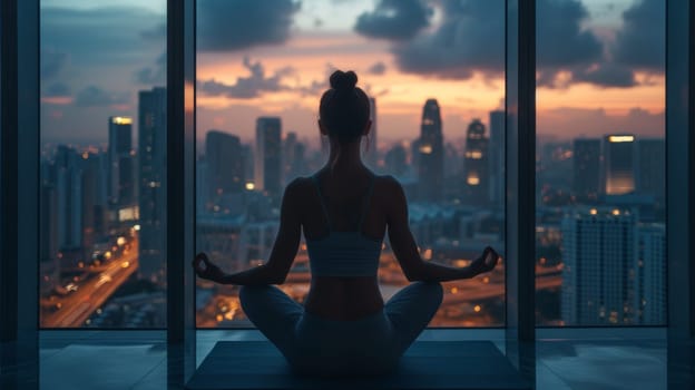 A woman sitting in a lotus position with her eyes closed