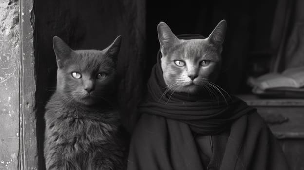 Two cats are sitting next to each other in a black and white photo