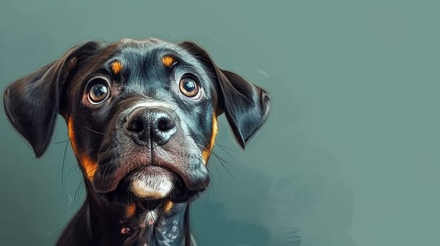 A black and brown dog with a sad look on his face