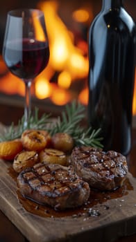 A close up of a wooden cutting board with meat and vegetables