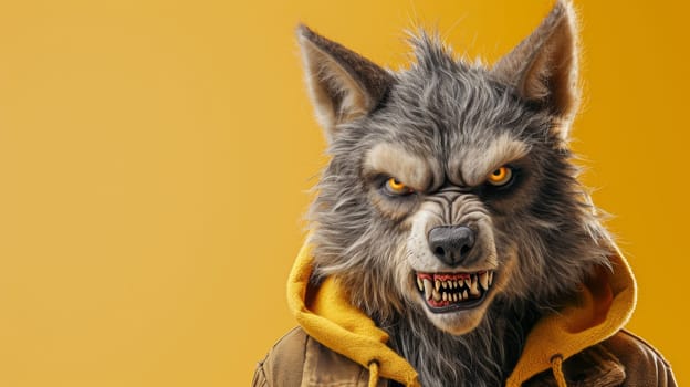 A wolf wearing a yellow jacket and hood with an angry expression