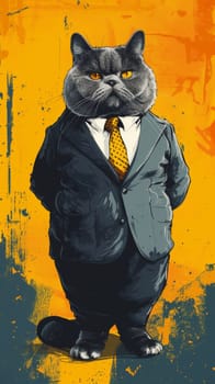 A cat in a suit and tie with yellow background