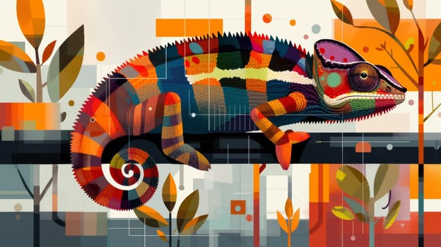 A colorful painting of a chameleon on the wall