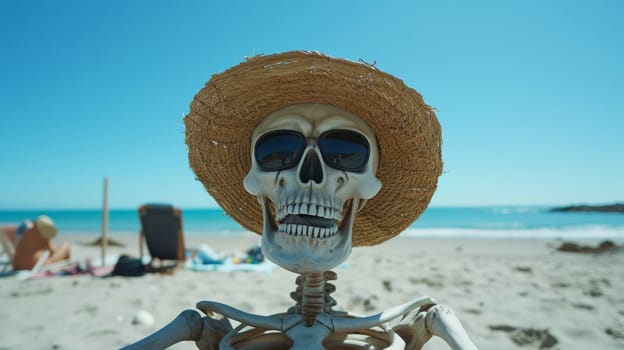 A skeleton wearing a straw hat and sunglasses on the beach