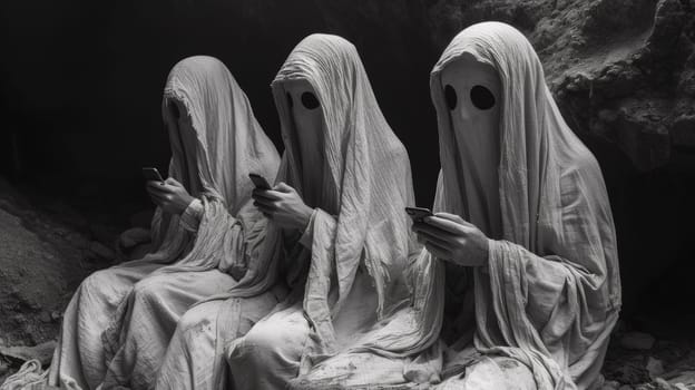 Three women in white robes sitting on the ground looking at their cell phones