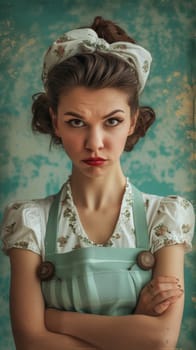 A woman with a bow in her hair and an aprons on