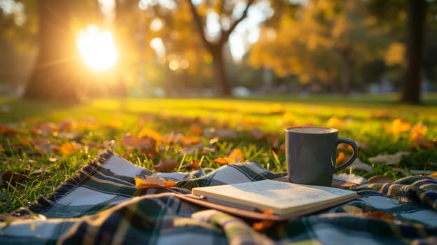 A cup of coffee and book on a blanket in the park