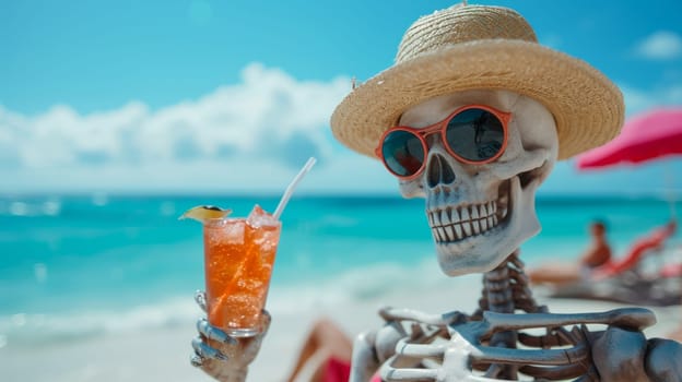 A skeleton holding a drink on the beach with people in background