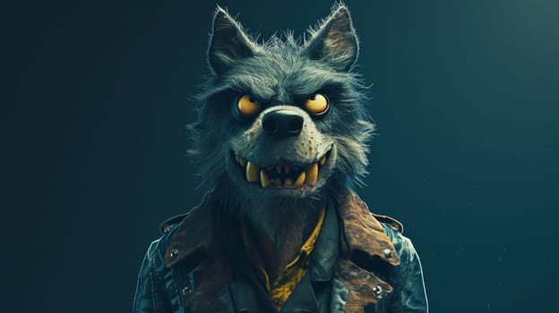 A wolf with a leather jacket and yellow eyes