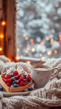 A waffle with berries and whipped cream on a plate next to cup of coffee