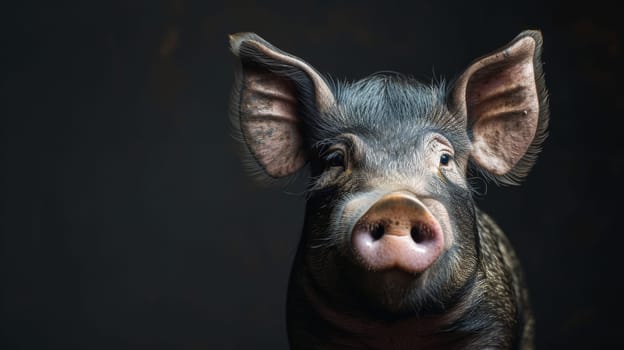 A pig with a dark background and ears sticking out