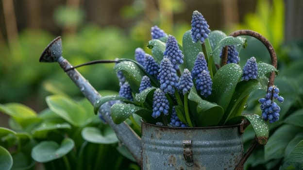 A watering can with blue flowers in it sitting on a green lawn