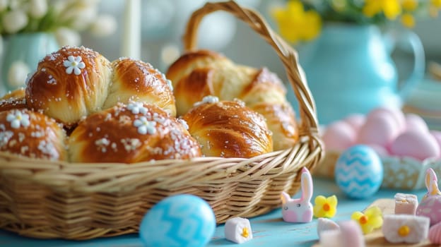 A basket of pastries and other items on a table