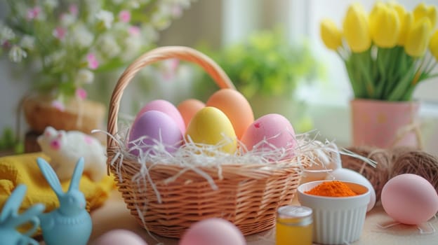 A basket of eggs in a table with other items