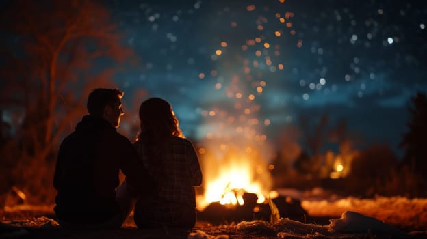 A couple sitting on a blanket by the fire watching fireworks