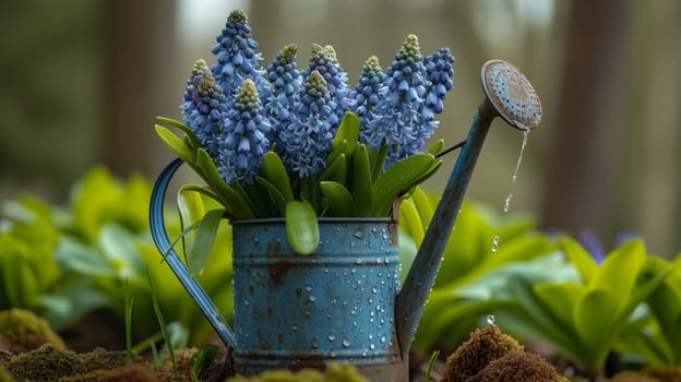 A blue watering can with flowers in it sitting on the ground