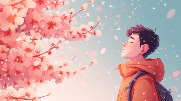 A boy with backpack looking up at a pink flower