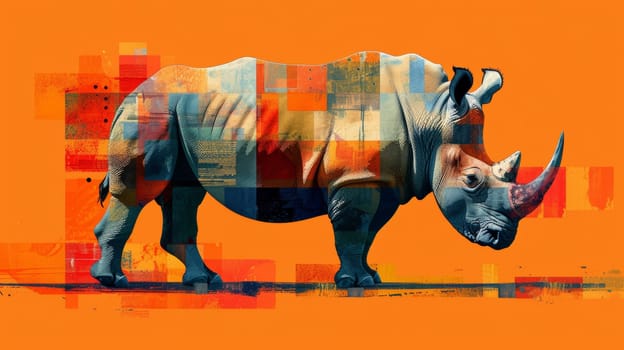 A rhino is shown in a colorful painting of squares