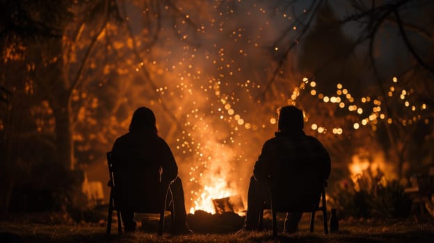 Two people sitting in chairs near a fire pit with lights