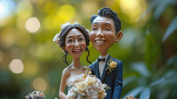 A close up of a couple with flowers on their wedding cake