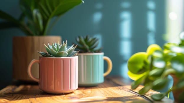 Two small pots of plants sit on a table next to each other