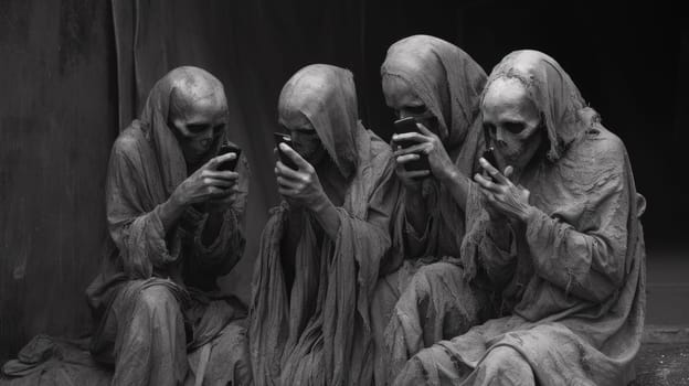 A group of three skeletons sitting in a row looking at their phones