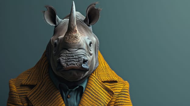 A rhino wearing a yellow jacket and tie with horns