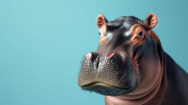 A close up of a hippo's face with the blue background