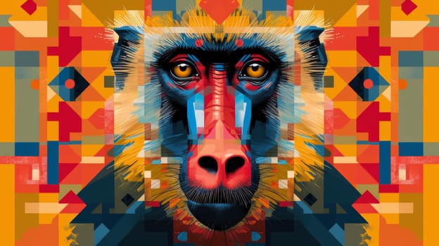 A colorful abstract painting of a monkey with geometric patterns