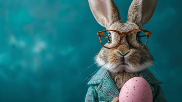 A rabbit wearing glasses holding a pink egg in its mouth