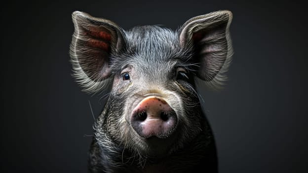A pig with a black background and white ears